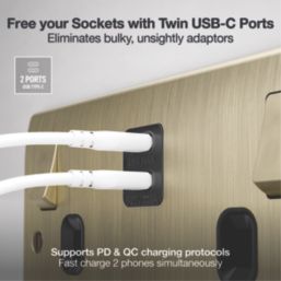 British General Nexus Metal 13A 2-Gang SP Switched Socket + 3.25A 45W 2-Outlet Type C USB Charger Antique Brass with Black Inserts