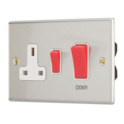 Contactum iConic 45A 2-Gang DP Cooker Switch & 13A DP Switched Socket Brushed Steel  with White Inserts