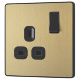 British General Evolve 13A 1-Gang SP Switched Socket Satin Brass  with Black Inserts