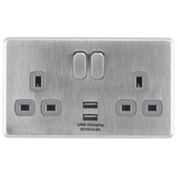 Arlec  13A 2-Gang SP Switched Socket + 4A 15W 2-Outlet Type A USB Charger Stainless Steel with Grey Inserts