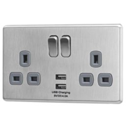 Arlec  13A 2-Gang SP Switched Socket + 4A 15W 2-Outlet Type A USB Charger Stainless Steel with Grey Inserts