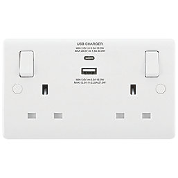 LAP  13A 2-Gang SP Switched Socket + 3A 30W 2-Outlet Type A & C USB Charger White