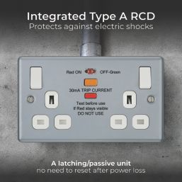 British General  13A 2-Gang SP Switched Metal Clad Passive Type A RCD Socket with White Inserts