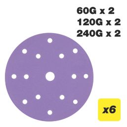 Trend  AB/150/M6 60, 120 & 240 Grit 14-Hole Punched Wood, Paint, Plastic, Filler, Plaster & Metal Random Orbital Sanding Discs 150mm 6 Pack