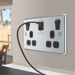 LAP  13A 2-Gang SP Switched Socket + 3A 45W 2-Outlet Type A & C USB Charger Polished Chrome with Black Inserts
