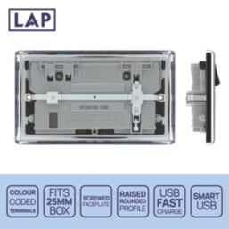 LAP  13A 2-Gang SP Switched Socket + 3A 45W 2-Outlet Type A & C USB Charger Polished Chrome with Black Inserts