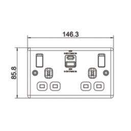 LAP  13A 2-Gang SP Switched Socket + 3A 45W 2-Outlet Type A & C USB Charger Polished Chrome with Black Inserts