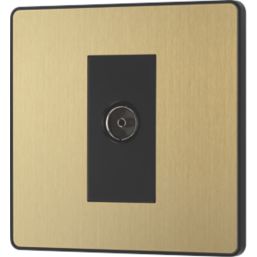 British General Evolve 1-Gang Coaxial TV / FM Socket Satin Brass with Black Inserts