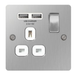 LAP  13A 1-Gang SP Switched Socket + 2.1A 10.5W 2-Outlet Type A USB Charger Brushed Stainless Steel with White Inserts