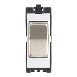 Contactum Decorative 10AX 2-Way Grid Retractive Switch Module 'Press' Off Centre Brushed Steel with White Inserts