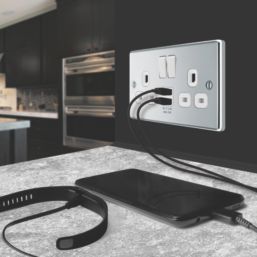 LAP  13A 2-Gang SP Switched Socket + 2.4A 12W 2-Outlet Type A USB Charger Polished Chrome with White Inserts
