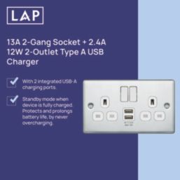 LAP  13A 2-Gang SP Switched Socket + 2.4A 12W 2-Outlet Type A USB Charger Polished Chrome with White Inserts