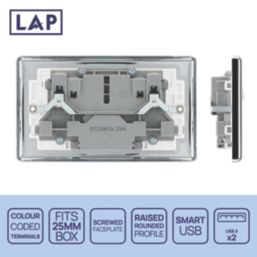 LAP  13A 2-Gang SP Switched Socket + 2.4A 12W 2-Outlet Type A USB Charger Polished Chrome with White Inserts