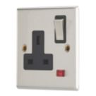 Contactum Iconic 13A 1-Gang DP Switched Socket Outlet Brushed Steel with Neon with Black Inserts