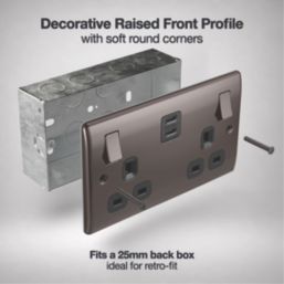 British General Nexus Metal 13A 2-Gang SP Switched Socket + 3.25A 65W 2-Outlet Type C USB Charger Black Nickel with Black Inserts