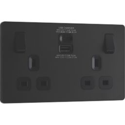 British General Evolve 13A 2-Gang SP Switched Socket + 3A 30W 2-Outlet Type A & C USB Charger Matt Black with Black Inserts