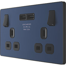British General Evolve 13A 2-Gang SP Switched Socket + 3.1A 15.5W 2-Outlet Type A USB Charger Blue with Black Inserts