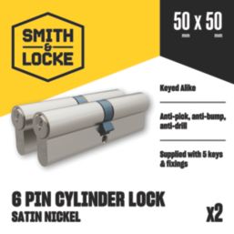 Smith & Locke 1 Star 6-Pin Euro Double Cylinder Locks 50-50 (100mm) Satin Nickel  2 Pack