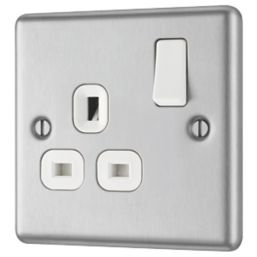 LAP  13A 1-Gang SP Switched Plug Socket Brushed Stainless Steel  with White Inserts