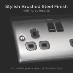 British General Nexus Metal 13A 2-Gang DP Switched Plug Sockets Brushed Steel  with Grey Inserts 5 Pack