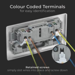 British General Nexus Metal 13A 2-Gang DP Switched Plug Sockets Brushed Steel  with Grey Inserts 5 Pack