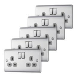 British General Nexus Metal 13A 2-Gang DP Switched Plug Sockets Brushed Steel  with Grey Inserts 5 Pack