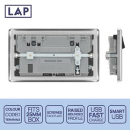 LAP  13A 2-Gang SP Switched Socket + 3A 22W 2-Outlet Type A & C USB Charger Brushed Steel with Black Inserts
