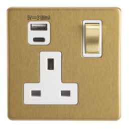 Contactum Lyric 13A 1-Gang DP Switched Socket + 3.1A 15.5W 1-Outlet Type A & C USB Charger Brushed Brass with White Inserts