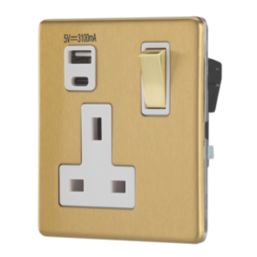 Contactum Lyric 13A 1-Gang DP Switched Socket + 3.1A 15.5W 1-Outlet Type A & C USB Charger Brushed Brass with White Inserts