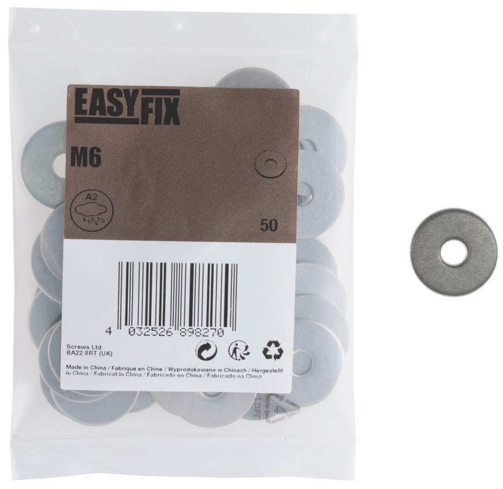 Easyfix A2 Stainless Steel Washers M6 x 1.3mm 50 Pack Screwfix
