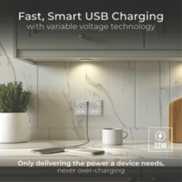 British General Evolve 13A 2-Gang SP Switched Socket + 3A 22W 2-Outlet Type A & C USB Charger Brushed Steel with White Inserts