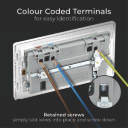 British General Evolve 13A 2-Gang SP Switched Socket + 3A 22W 2-Outlet Type A & C USB Charger Brushed Steel with White Inserts