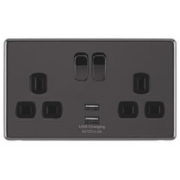 Arlec  13A 2-Gang SP Switched Socket + 4A 15W 2-Outlet Type A USB Charger Black Nickel with Black Inserts