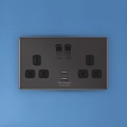 Arlec  13A 2-Gang SP Switched Socket + 4A 15W 2-Outlet Type A USB Charger Black Nickel with Black Inserts