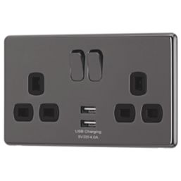 Arlec  13A 2-Gang SP Switched Socket + 4A 15W 2-Outlet Type A USB Charger Black Nickel with Black Inserts