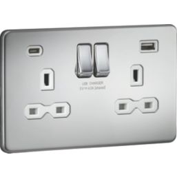 Knightsbridge  13A 2-Gang SP Switched Socket + 4.0A 20W 2-Outlet Type A & C USB Charger Polished Chrome with White Inserts
