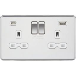 Knightsbridge  13A 2-Gang SP Switched Socket + 4.0A 20W 2-Outlet Type A & C USB Charger Polished Chrome with White Inserts