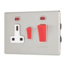 Contactum Lyric 45A 2-Gang DP Cooker Switch & 13A DP Switched Socket Brushed Steel with Neon with White Inserts