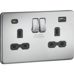 Knightsbridge  13A 2-Gang SP Switched Socket + 4.0A 20W 2-Outlet Type A & C USB Charger Polished Chrome with Black Inserts