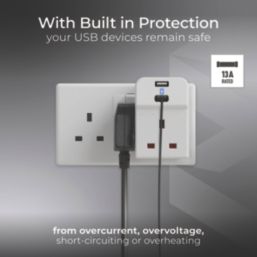 Masterplug 13A Fused 3-Way Multi Socket Adaptor + 2.1A 2-Outlet Type A & C USB Charger White