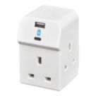 Masterplug 13A Fused 3-Way Multi Socket Adaptor + 2.1A 2-Outlet Type A & C USB Charger White