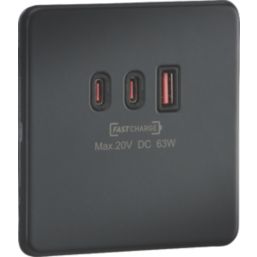 Knightsbridge  5A 63W 3-Outlet Type A & C USB Socket Anthracite with Black Inserts