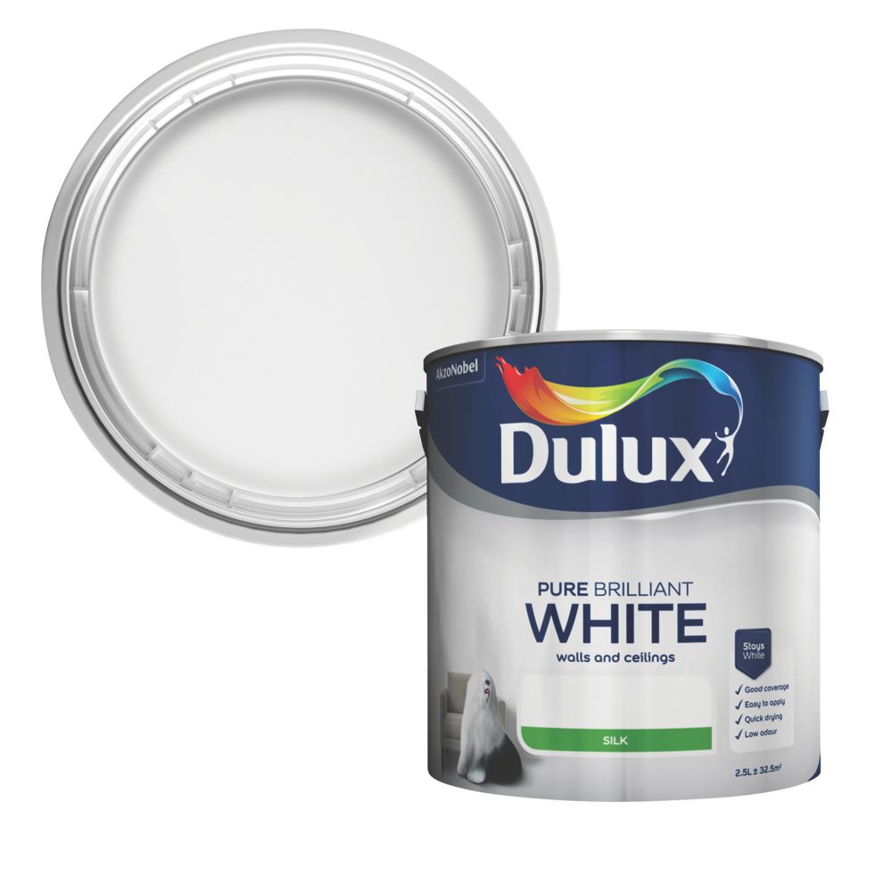Dulux 2.5Ltr Pure Brilliant White Silk Emulsion Paint Screwfix