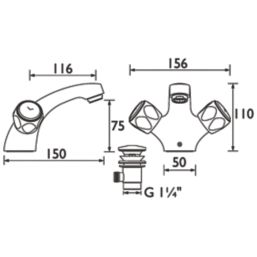 Bristan Club Chrome-Plated 110mm Cloakroom Cross Head Mono Basin Mixer Tap  With Pop-Up Waste