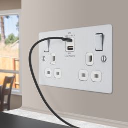 LAP  13A 2-Gang SP Switched Socket + 3A 45W 2-Outlet Type A & C USB Charger Brushed Steel with White Inserts