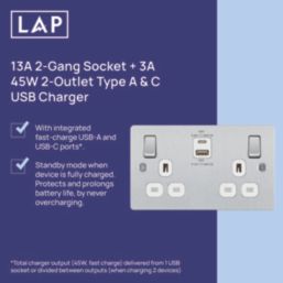 LAP  13A 2-Gang SP Switched Socket + 3A 45W 2-Outlet Type A & C USB Charger Brushed Steel with White Inserts
