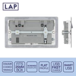 LAP  13A 2-Gang SP Switched Socket + 3A 45W 2-Outlet Type A & C USB Charger Brushed Steel with White Inserts
