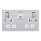 LAP  13A 2-Gang SP Switched Socket + 3A 45W 2-Outlet Type A & C USB Charger Brushed Steel with White Inserts