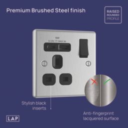LAP  13A 1-Gang SP Switched Socket + 3A 18W 2-Outlet Type A & C USB Charger Brushed Steel with Black Inserts