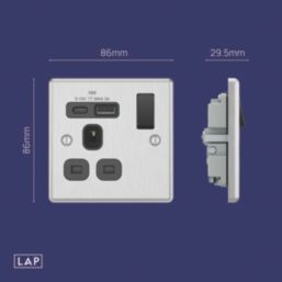 LAP  13A 1-Gang SP Switched Socket + 3A 18W 2-Outlet Type A & C USB Charger Brushed Steel with Black Inserts